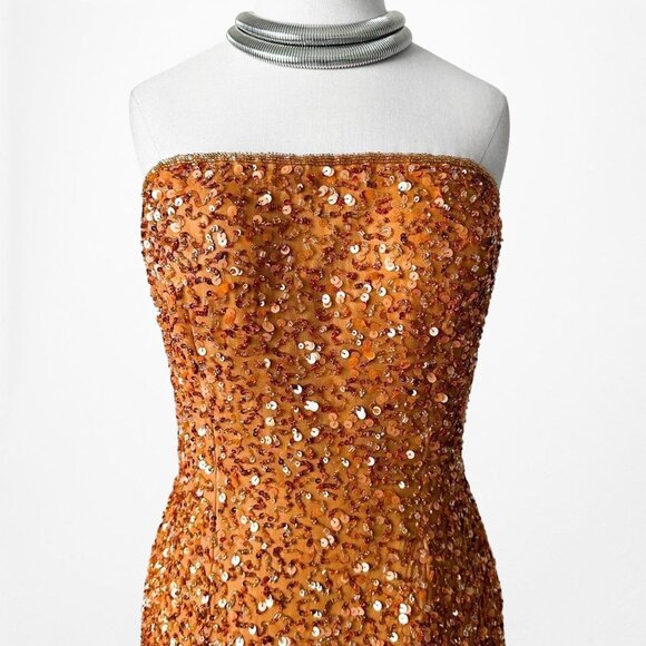 Vintage Orange Strapless Silk Sequin Maxi Bodycon Formal Prom Dress Size M - Picture 4 of 6